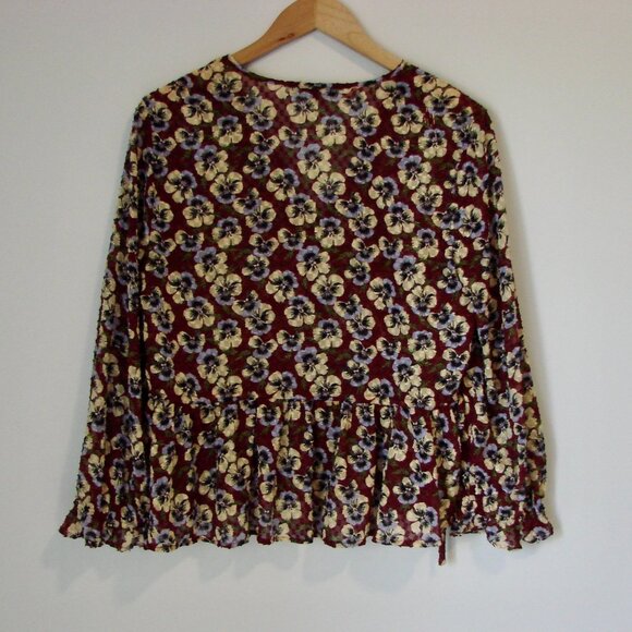 Madewell Pansy Print Blouse Viola Floral V-neck Wine Burgundy Size Medium - Picture 14 of 16